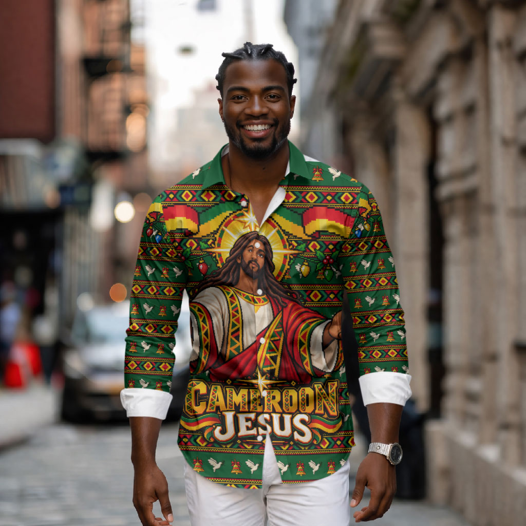 Cameroon Jesus Christmas Long Sleeve Button Shirt African Culture Ugly Knit Pattern