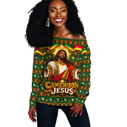 Cameroon Jesus Christmas Off Shoulder Sweater African Culture Ugly Knit Pattern