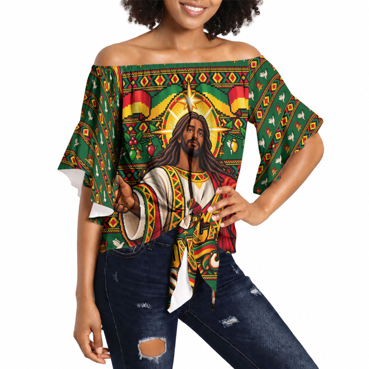 Cameroon Jesus Christmas Off Shoulder Wrap Waist Top African Culture Ugly Knit Pattern