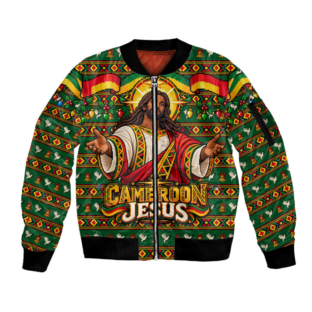 Cameroon Jesus Christmas Sleeve Zip Bomber Jacket African Culture Ugly Knit Pattern