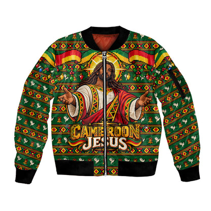 Cameroon Jesus Christmas Sleeve Zip Bomber Jacket African Culture Ugly Knit Pattern