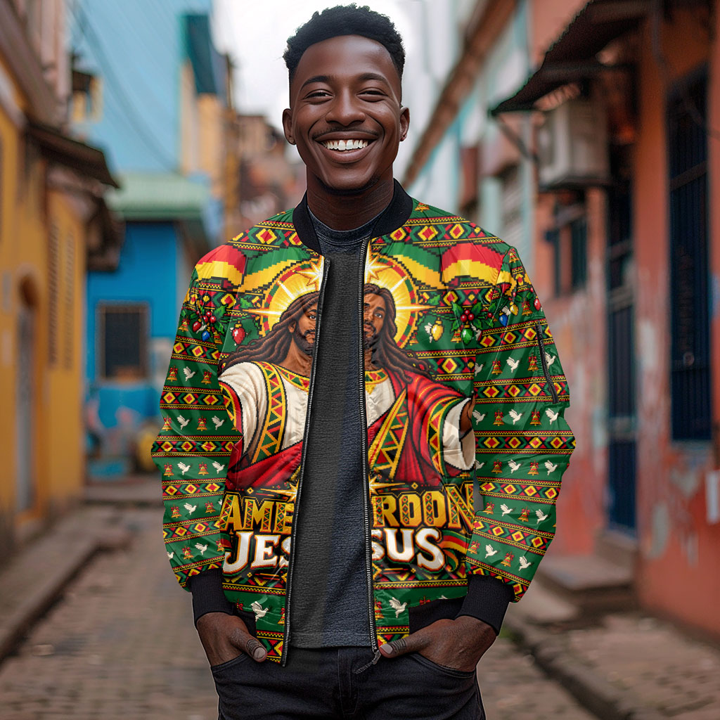 Cameroon Jesus Christmas Sleeve Zip Bomber Jacket African Culture Ugly Knit Pattern