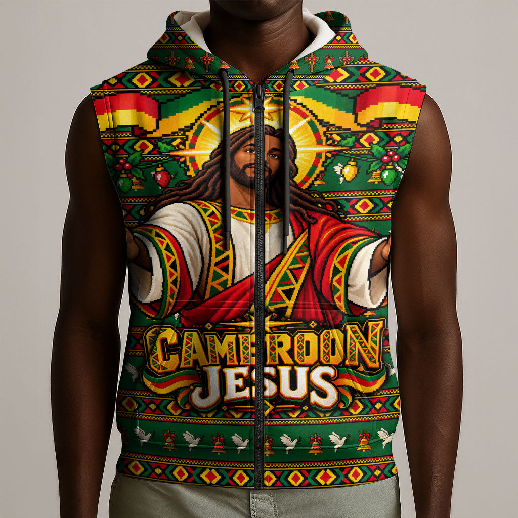 Cameroon Jesus Christmas Sleeveless Zip Hoodie African Culture Ugly Knit Pattern