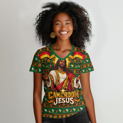 Cameroon Jesus Christmas Women V-Neck T-Shirt African Culture Ugly Knit Pattern