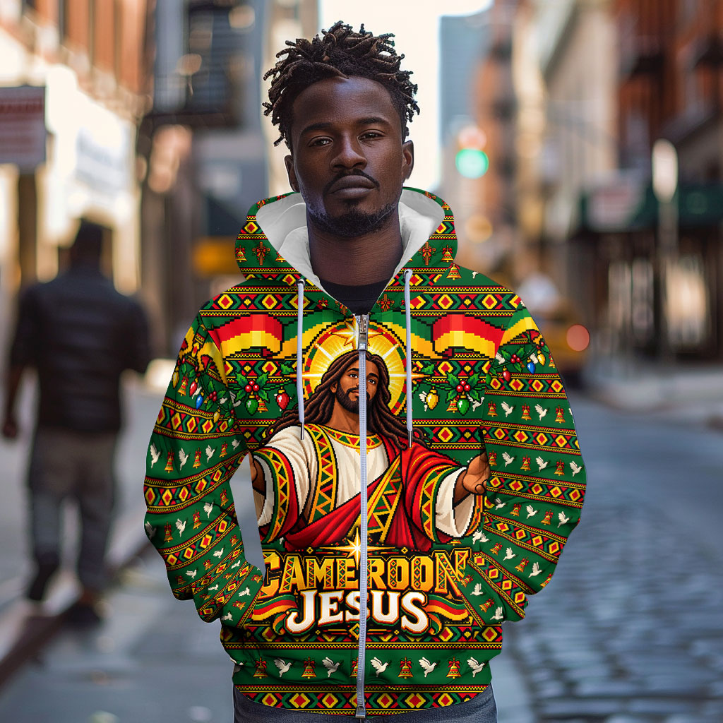 Cameroon Jesus Christmas Zip Hoodie African Culture Ugly Knit Pattern