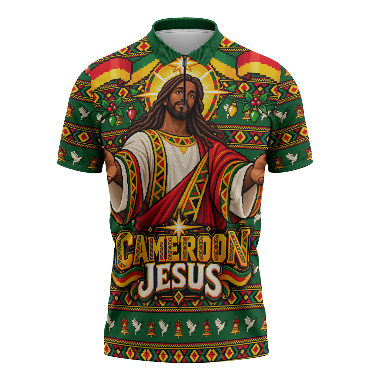 Cameroon Jesus Christmas Zipper Polo Shirt African Culture Ugly Knit Pattern