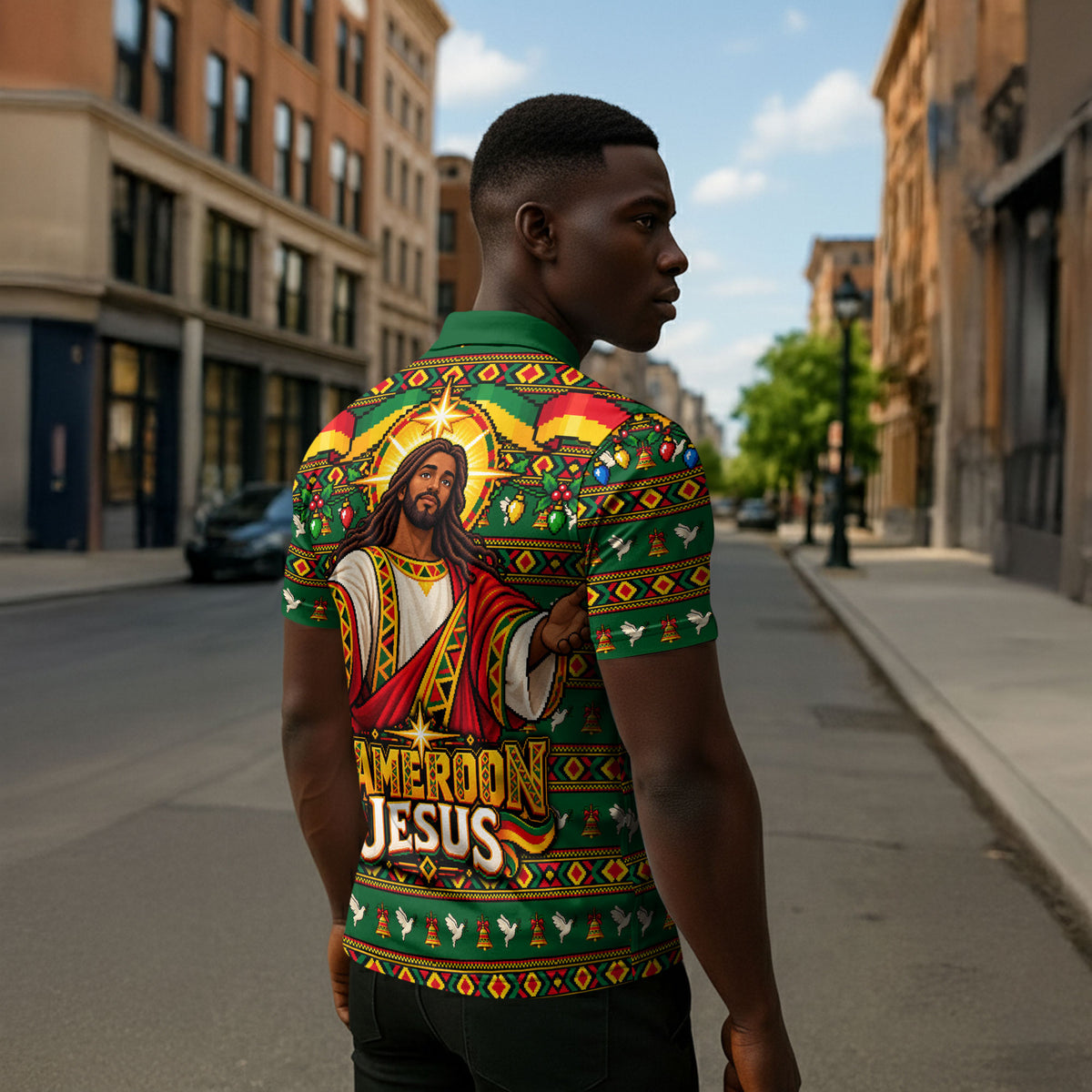 Cameroon Jesus Christmas Zipper Polo Shirt African Culture Ugly Knit Pattern