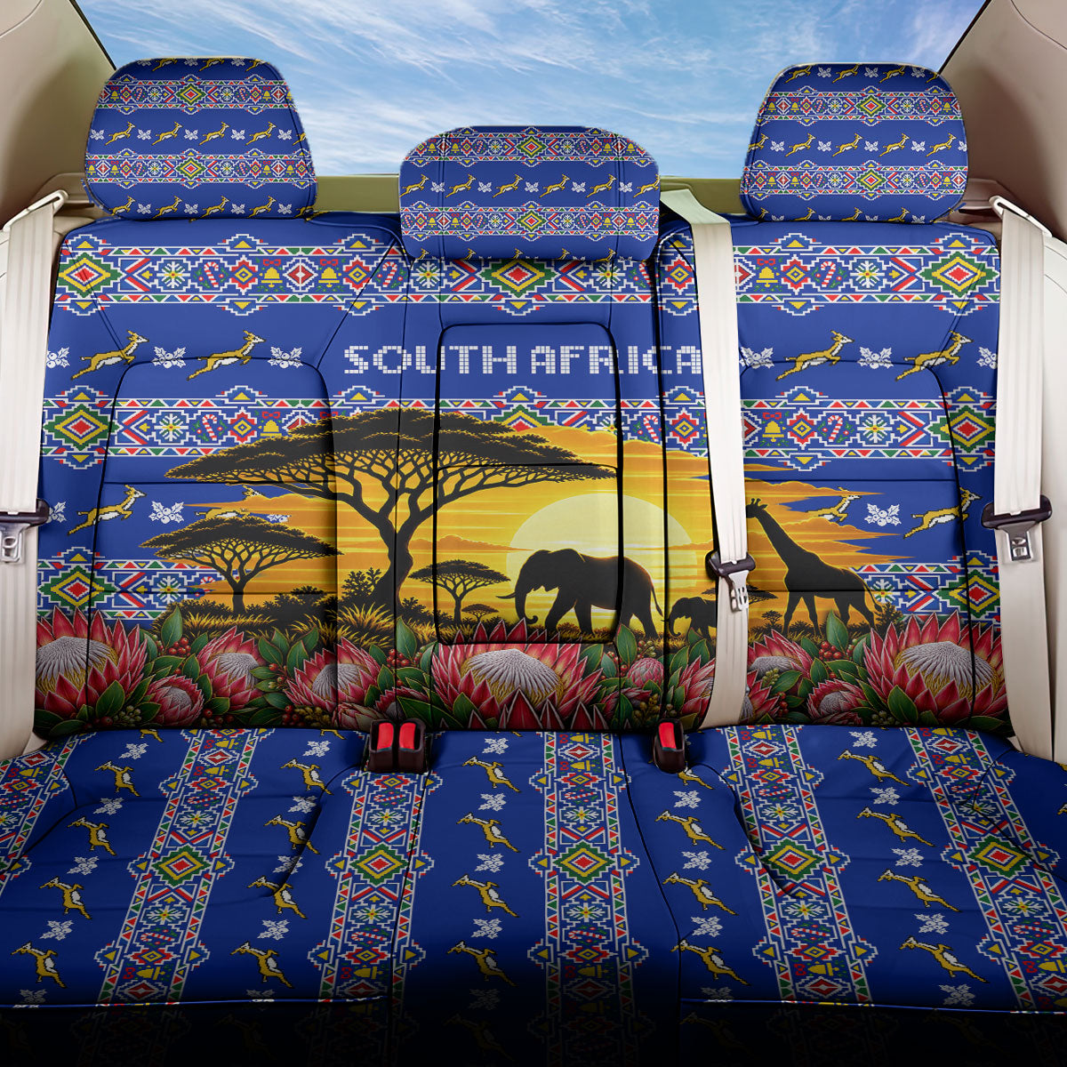 South Africa Christmas Back Car Seat Cover African Culture Protea Flower Safari Sunset