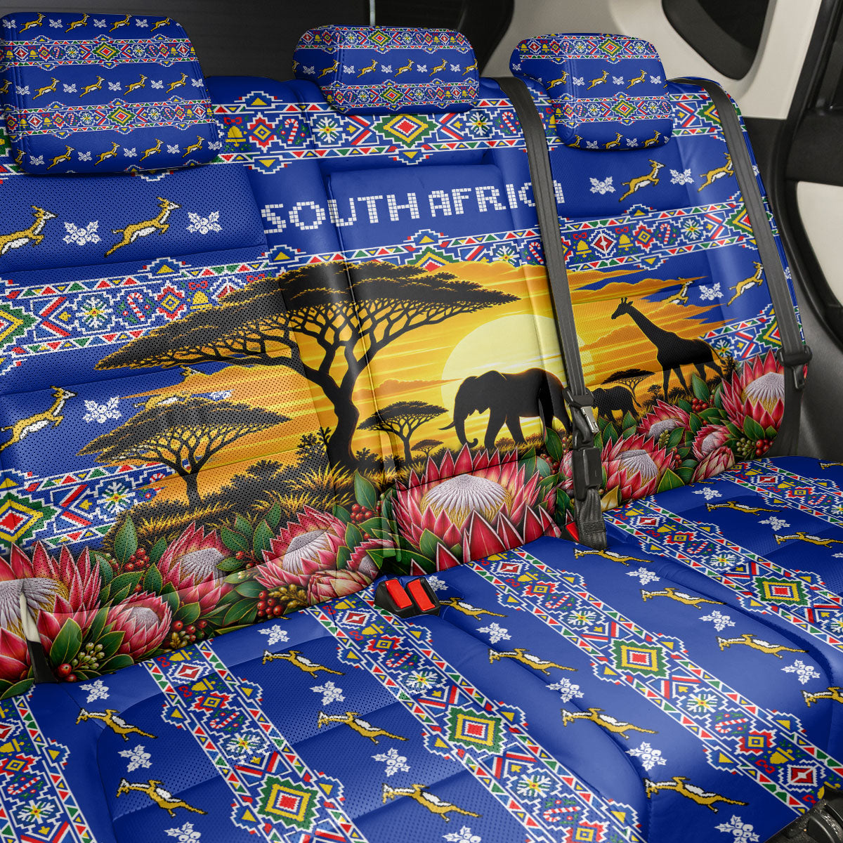South Africa Christmas Back Car Seat Cover African Culture Protea Flower Safari Sunset