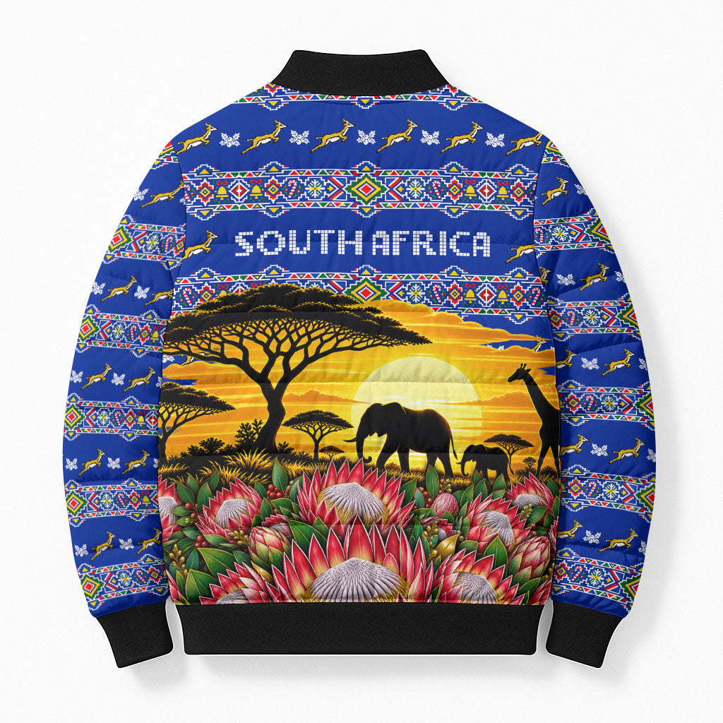 South Africa Christmas Bomber Puffer Jacket African Culture Protea Flower Safari Sunset