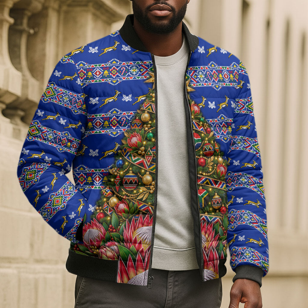 South Africa Christmas Bomber Puffer Jacket African Culture Protea Flower Safari Sunset