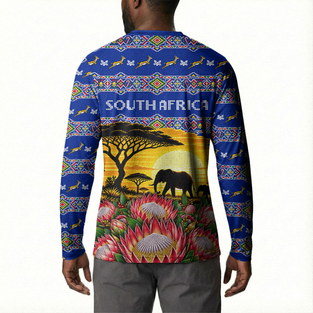 South Africa Christmas Button Sweatshirt African Culture Protea Flower Safari Sunset