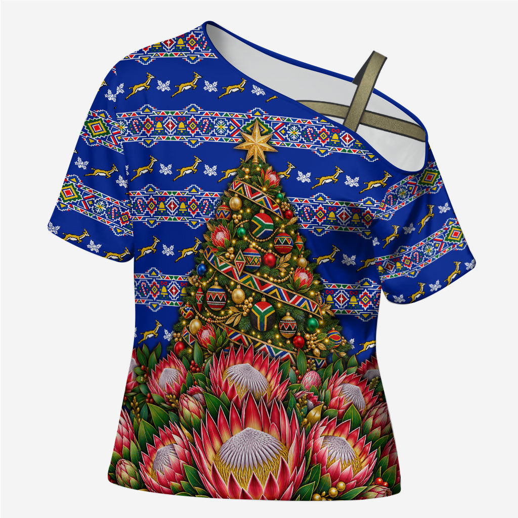 South Africa Christmas Cross Shoulder Shirt African Culture Protea Flower Safari Sunset