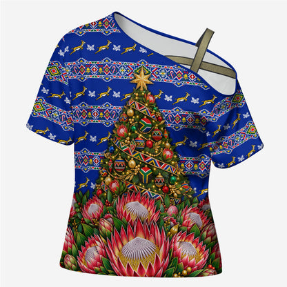South Africa Christmas Cross Shoulder Shirt African Culture Protea Flower Safari Sunset