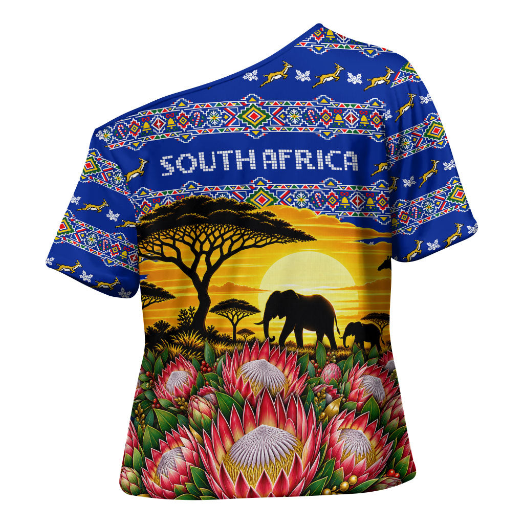 South Africa Christmas Cross Shoulder Shirt African Culture Protea Flower Safari Sunset