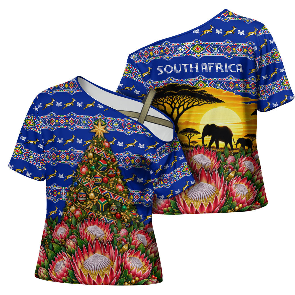 South Africa Christmas Cross Shoulder Shirt African Culture Protea Flower Safari Sunset