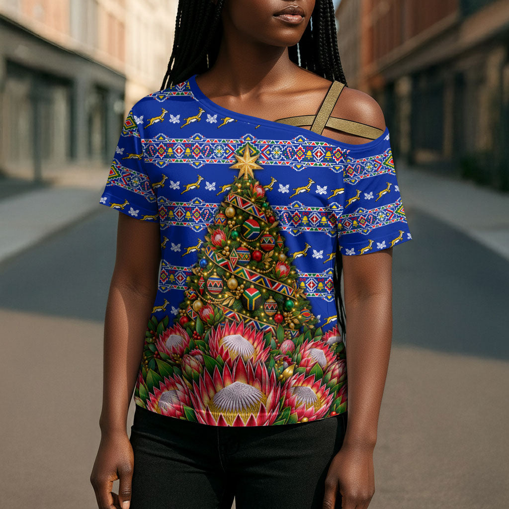 South Africa Christmas Cross Shoulder Shirt African Culture Protea Flower Safari Sunset