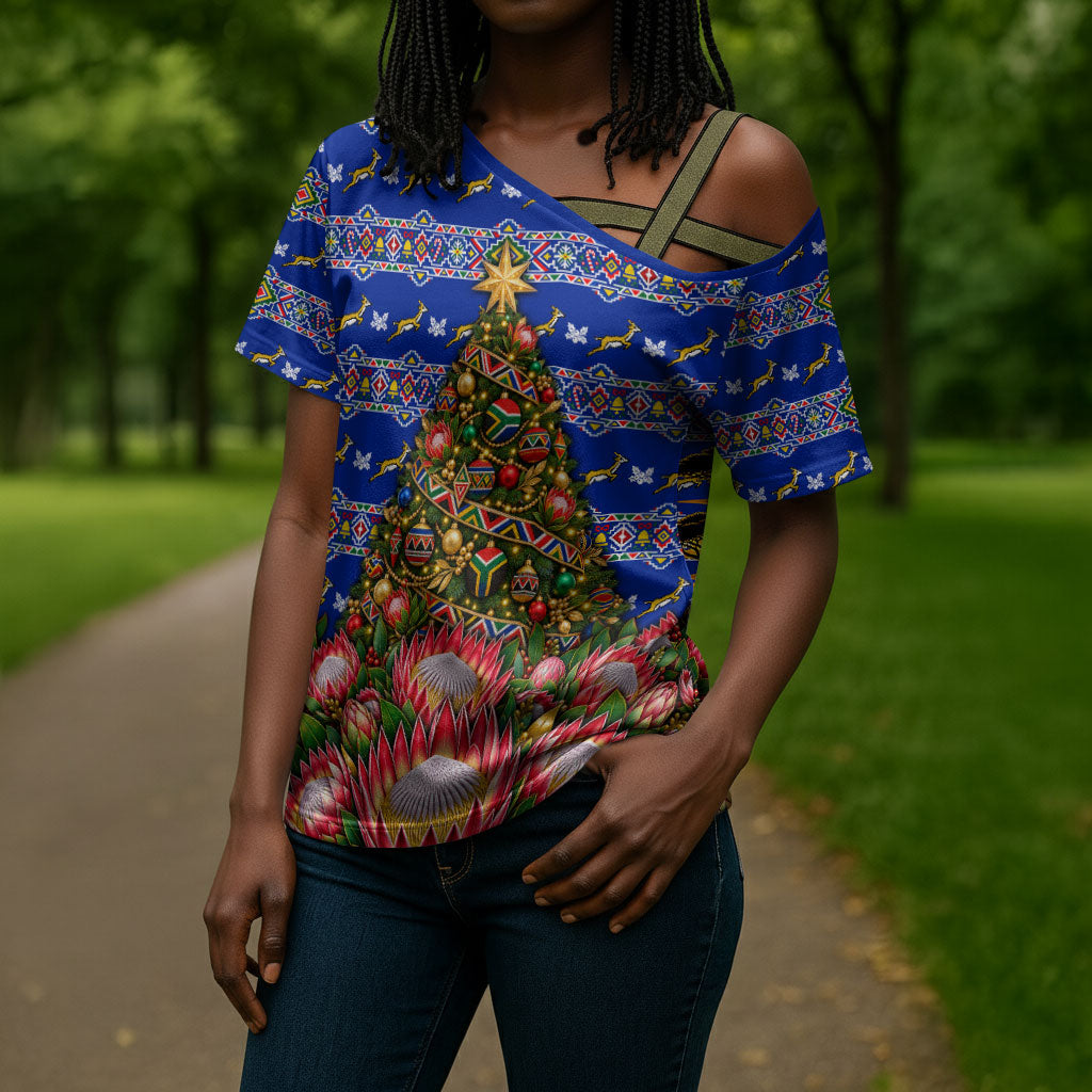 South Africa Christmas Cross Shoulder Shirt African Culture Protea Flower Safari Sunset