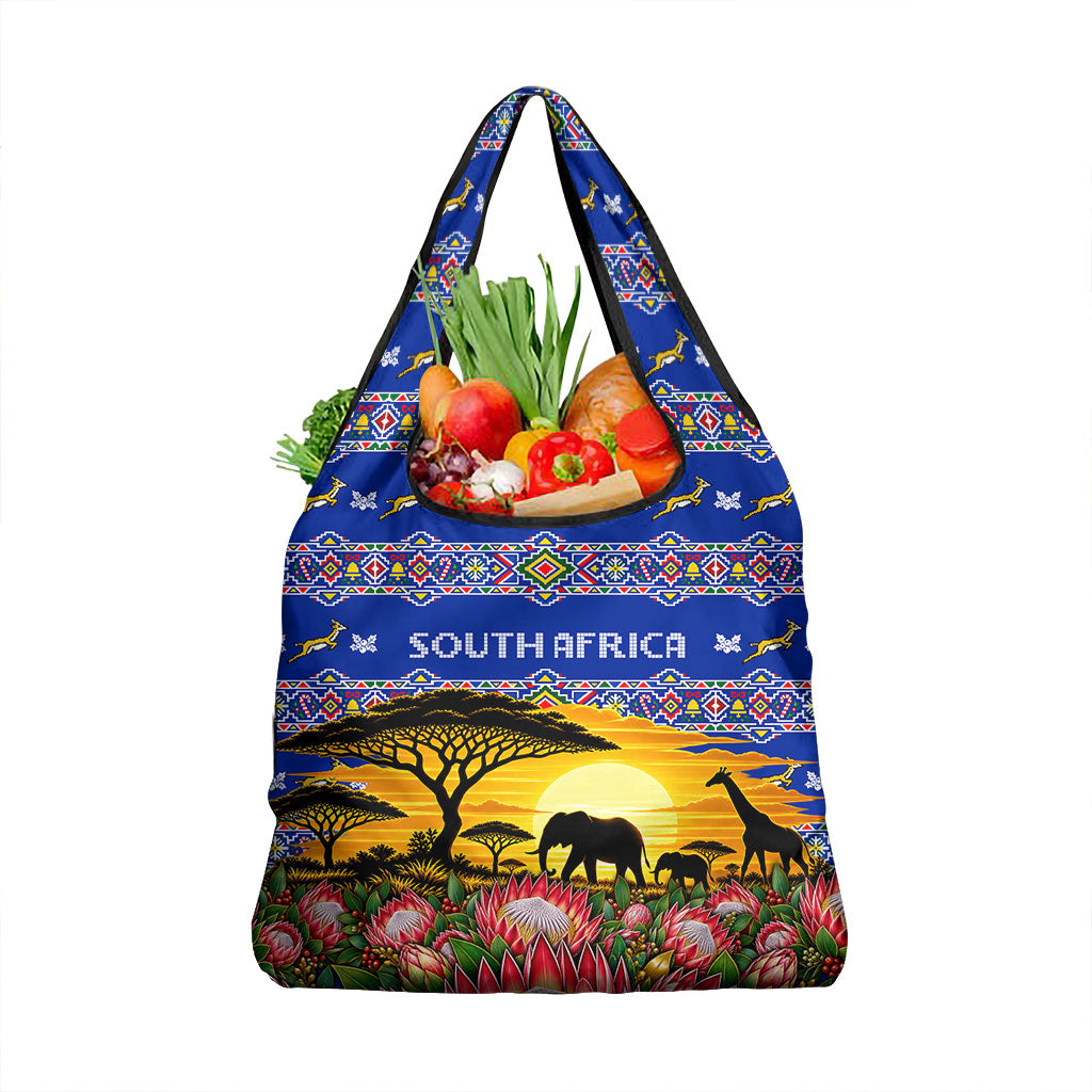 South Africa Christmas Grocery Bag African Culture Protea Flower Safari Sunset