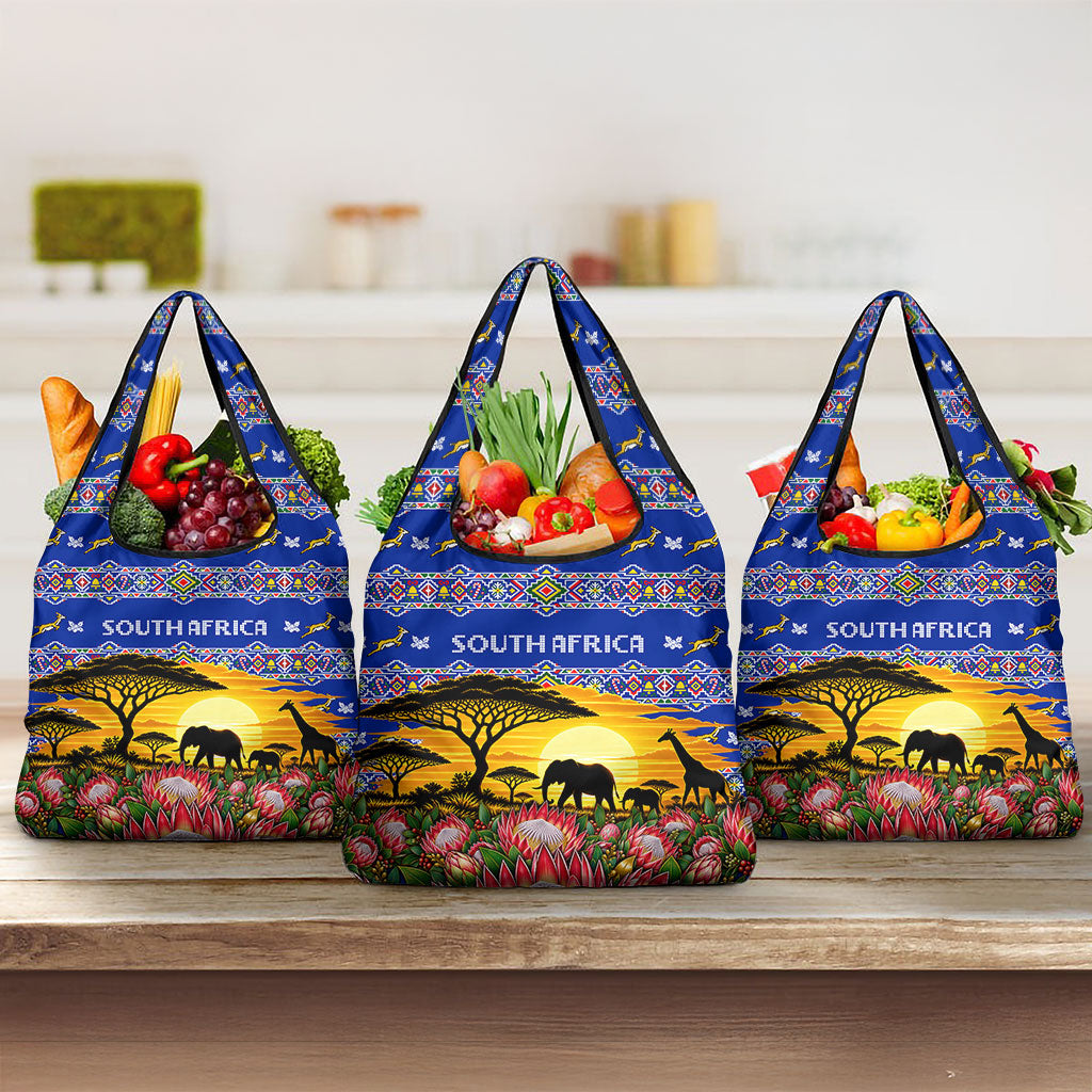 South Africa Christmas Grocery Bag African Culture Protea Flower Safari Sunset