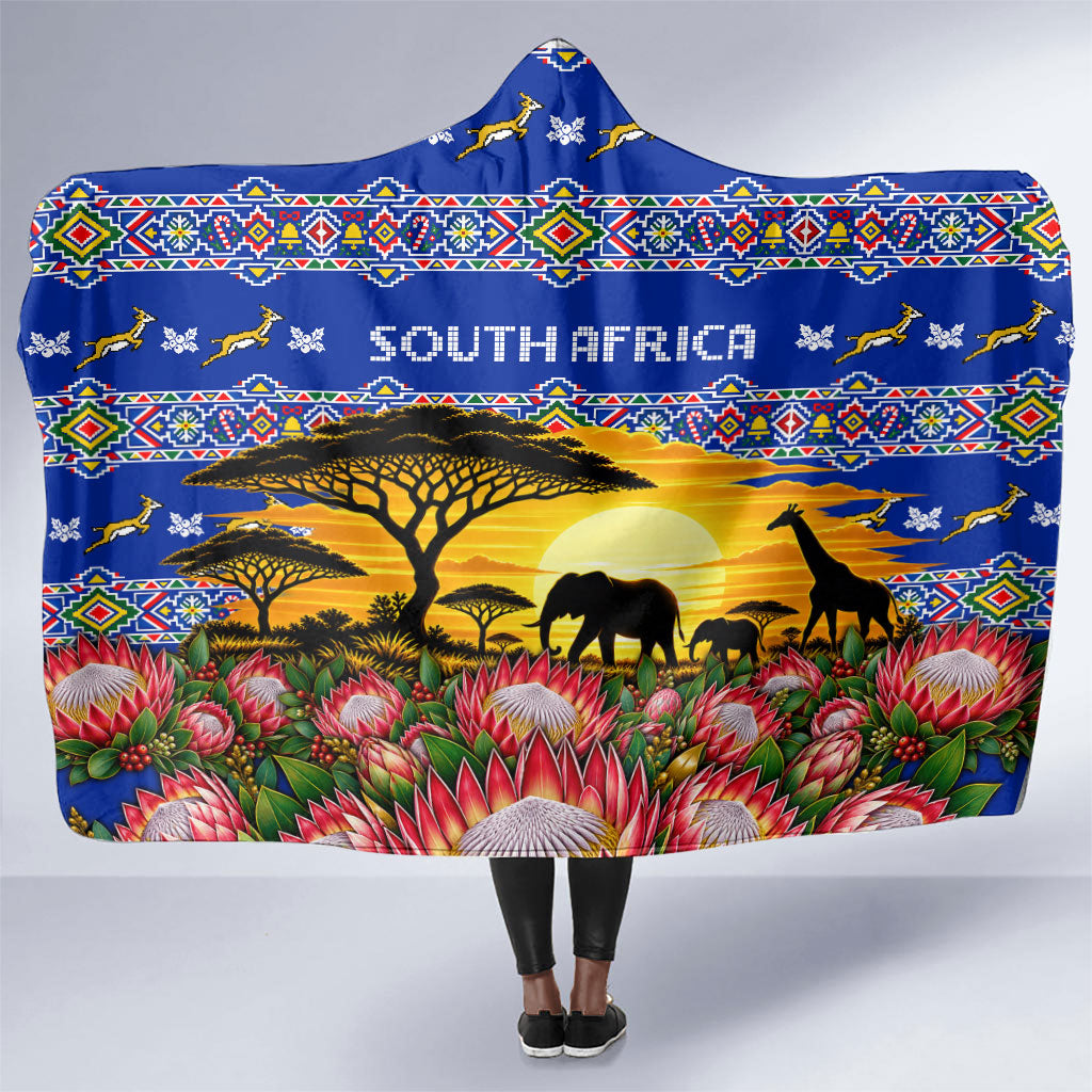South Africa Christmas Hooded Blanket African Culture Protea Flower Safari Sunset