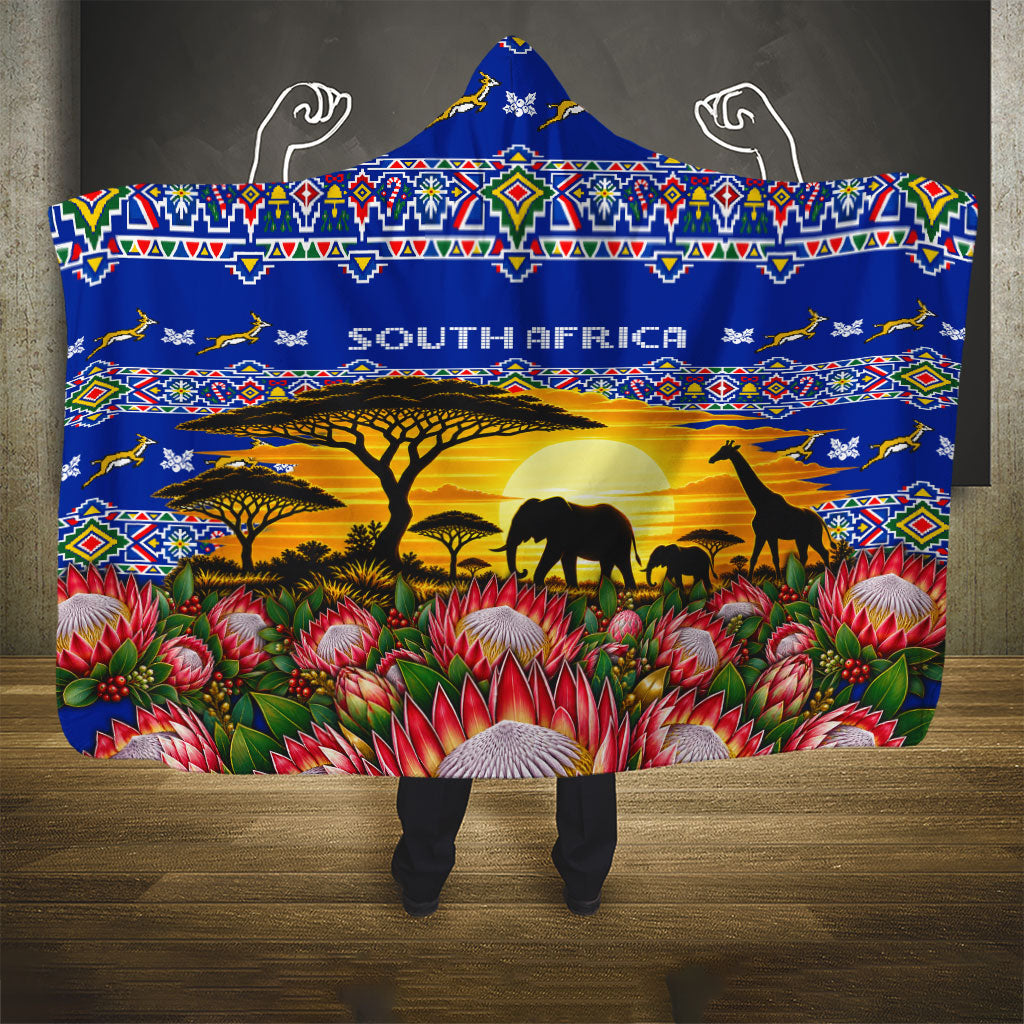South Africa Christmas Hooded Blanket African Culture Protea Flower Safari Sunset