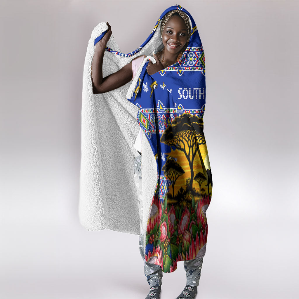 South Africa Christmas Hooded Blanket African Culture Protea Flower Safari Sunset