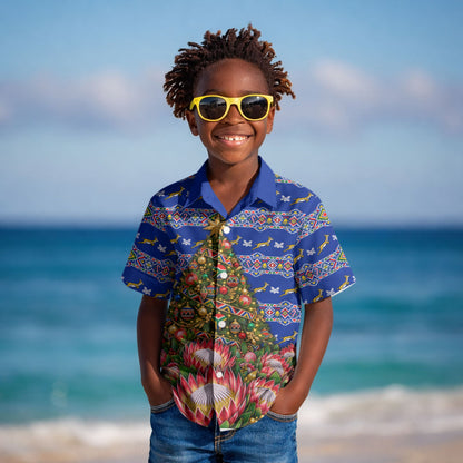 South Africa Christmas Kid Hawaiian Shirt African Culture Protea Flower Safari Sunset