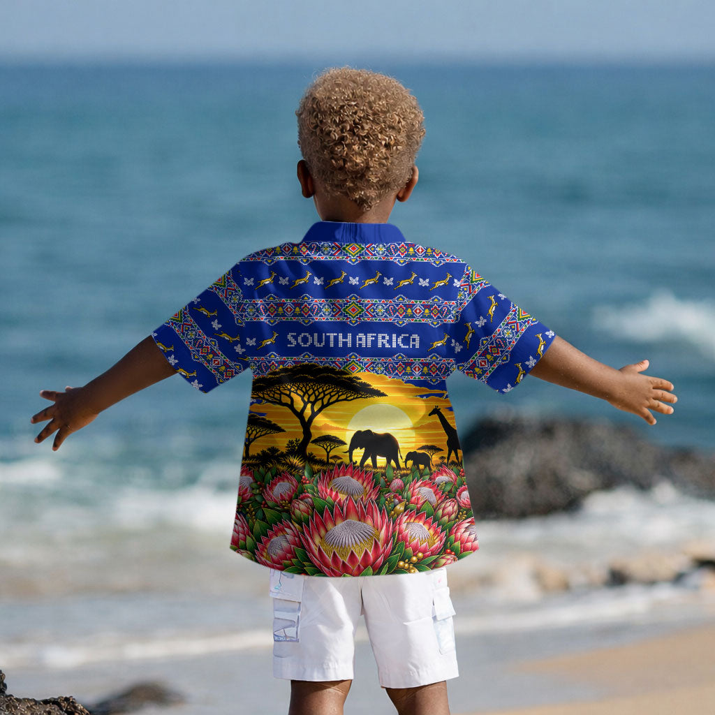 South Africa Christmas Kid Hawaiian Shirt African Culture Protea Flower Safari Sunset