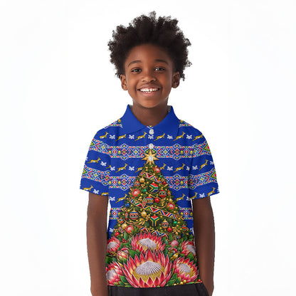 South Africa Christmas Kid Polo Shirt African Culture Protea Flower Safari Sunset
