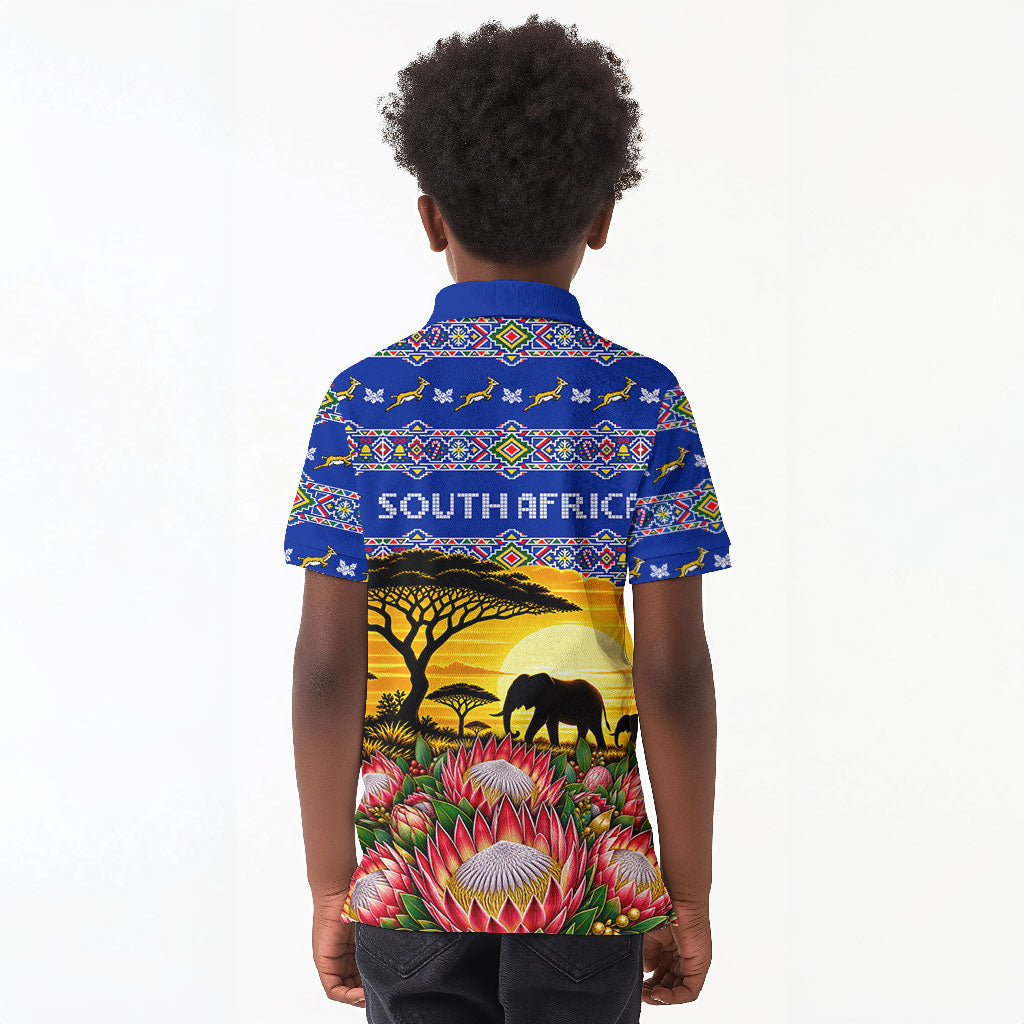South Africa Christmas Kid Polo Shirt African Culture Protea Flower Safari Sunset