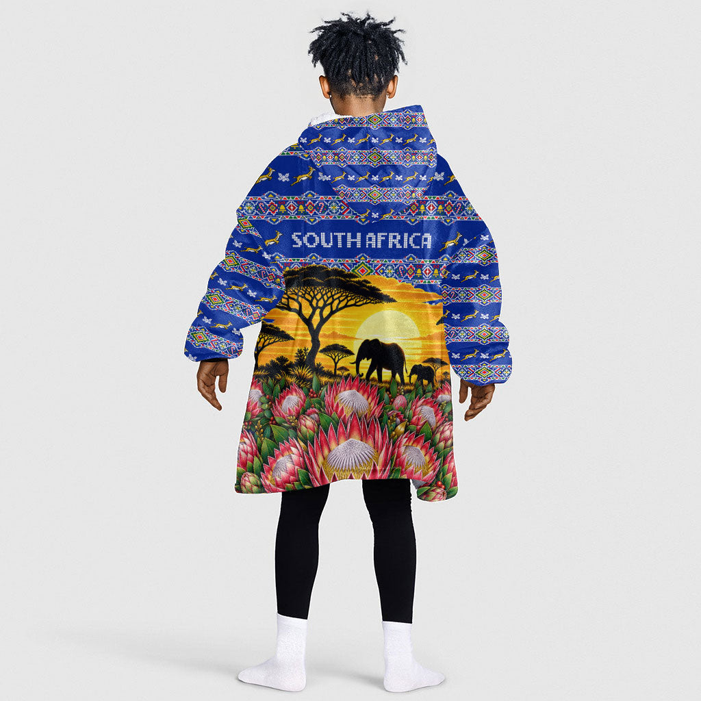 South Africa Christmas Kid Wearable Blanket Hoodie African Culture Protea Flower Safari Sunset