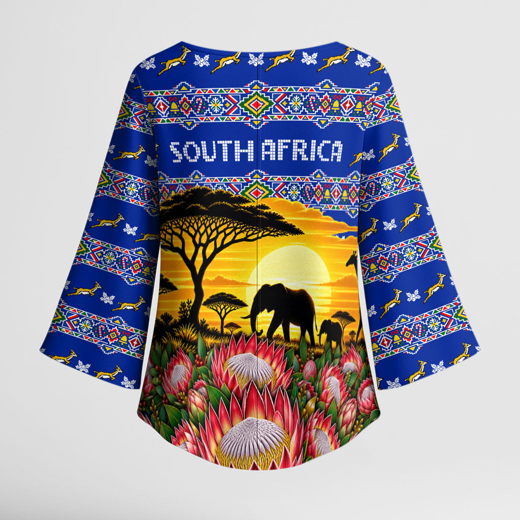 South Africa Christmas Kimono Sleeve Blouse African Culture Protea Flower Safari Sunset