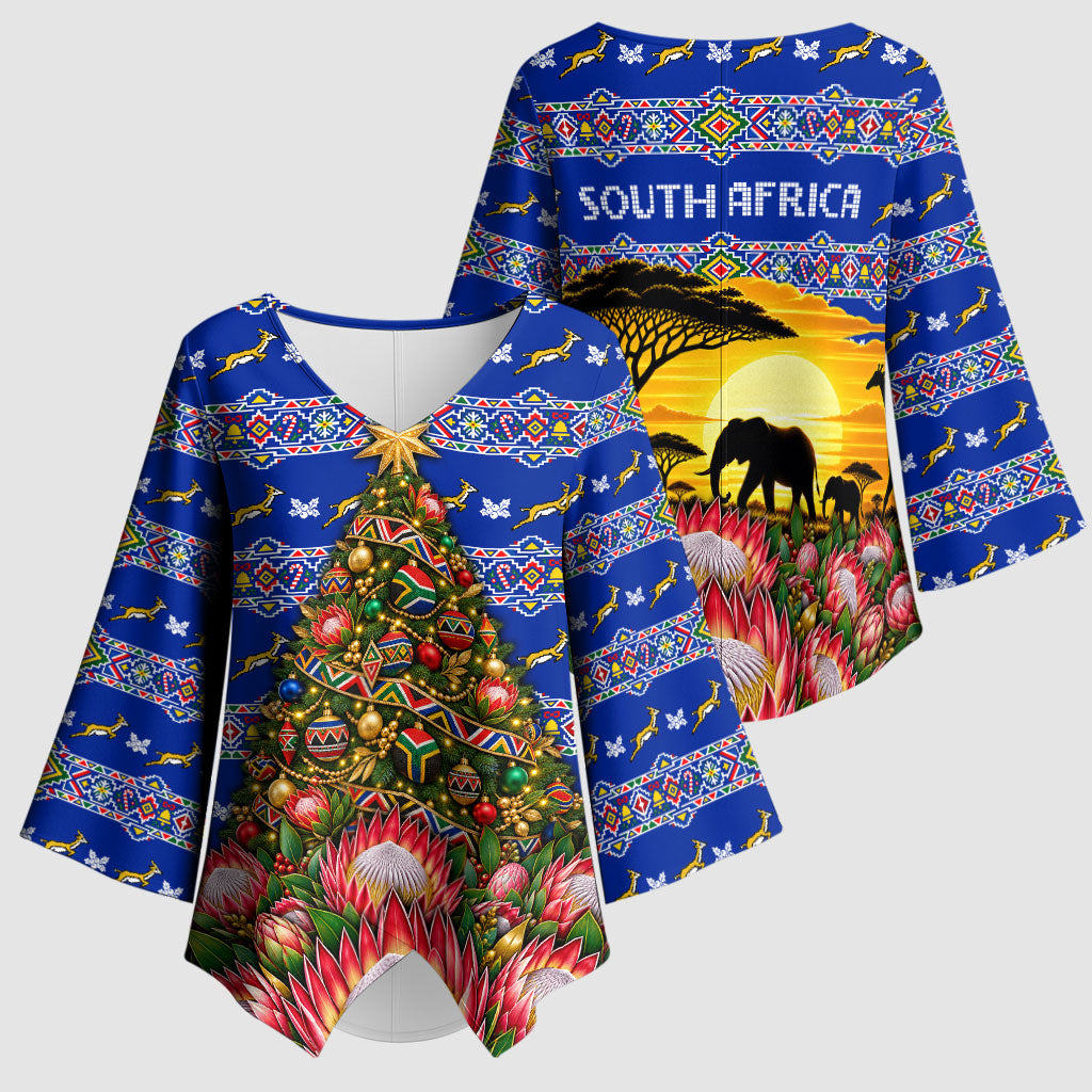 South Africa Christmas Kimono Sleeve Blouse African Culture Protea Flower Safari Sunset
