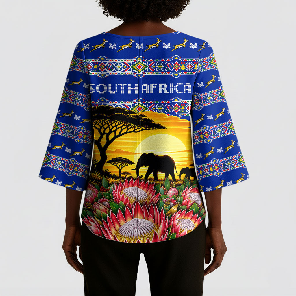 South Africa Christmas Kimono Sleeve Blouse African Culture Protea Flower Safari Sunset