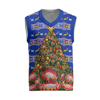 South Africa Christmas Knitted V-Neck Vest African Culture Protea Flower Safari Sunset