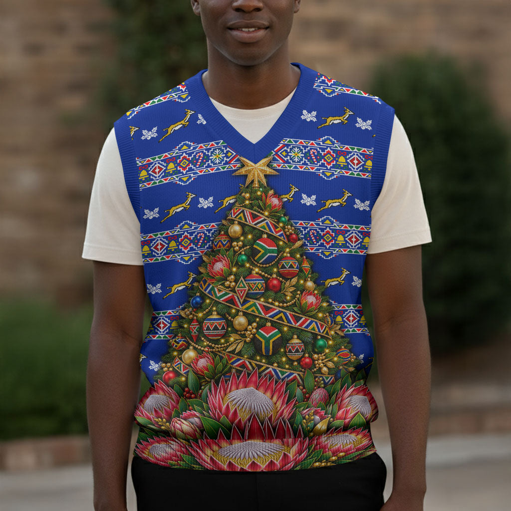 South Africa Christmas Knitted V-Neck Vest African Culture Protea Flower Safari Sunset