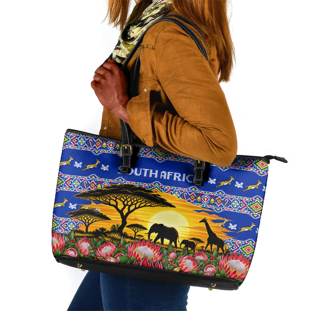 South Africa Christmas Leather Tote Bag African Culture Protea Flower Safari Sunset