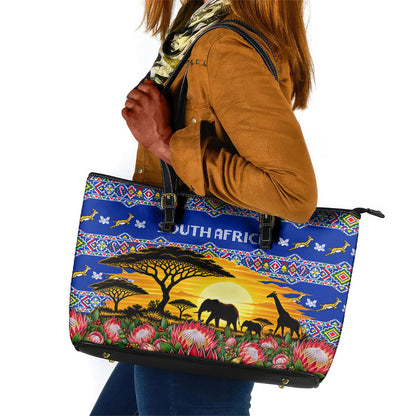 South Africa Christmas Leather Tote Bag African Culture Protea Flower Safari Sunset