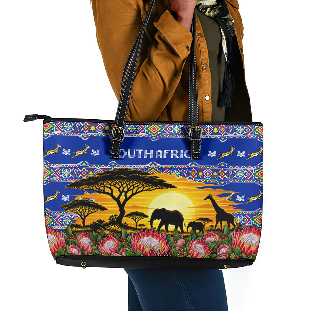 South Africa Christmas Leather Tote Bag African Culture Protea Flower Safari Sunset