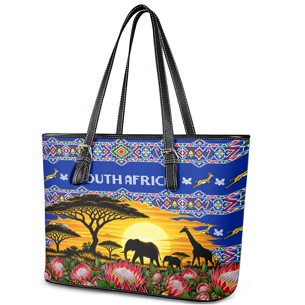 South Africa Christmas Leather Tote Bag African Culture Protea Flower Safari Sunset