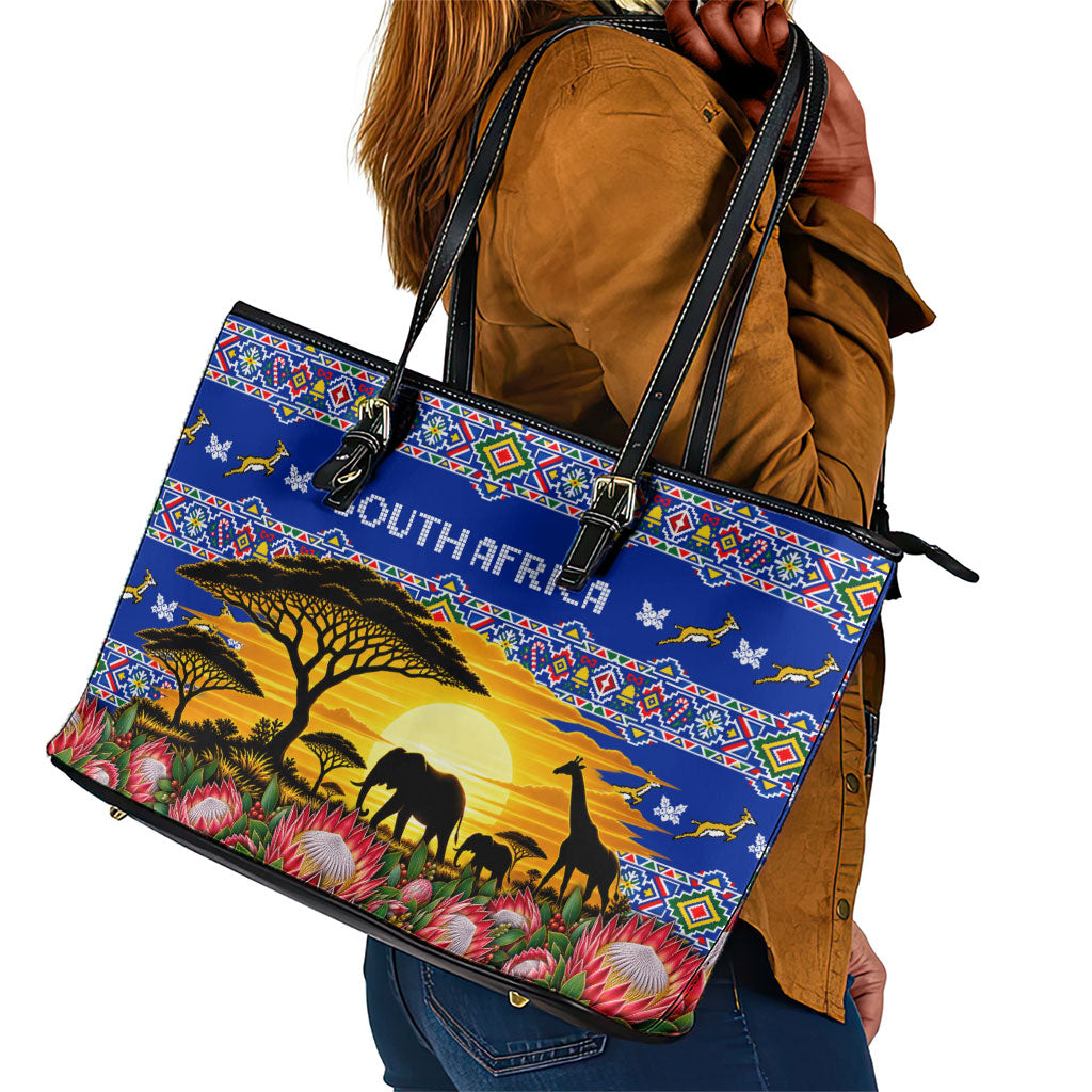 South Africa Christmas Leather Tote Bag African Culture Protea Flower Safari Sunset
