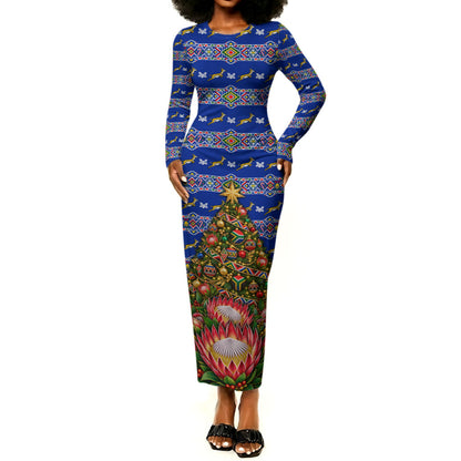 South Africa Christmas Long Sleeve Bodycon Dress African Culture Protea Flower Safari Sunset