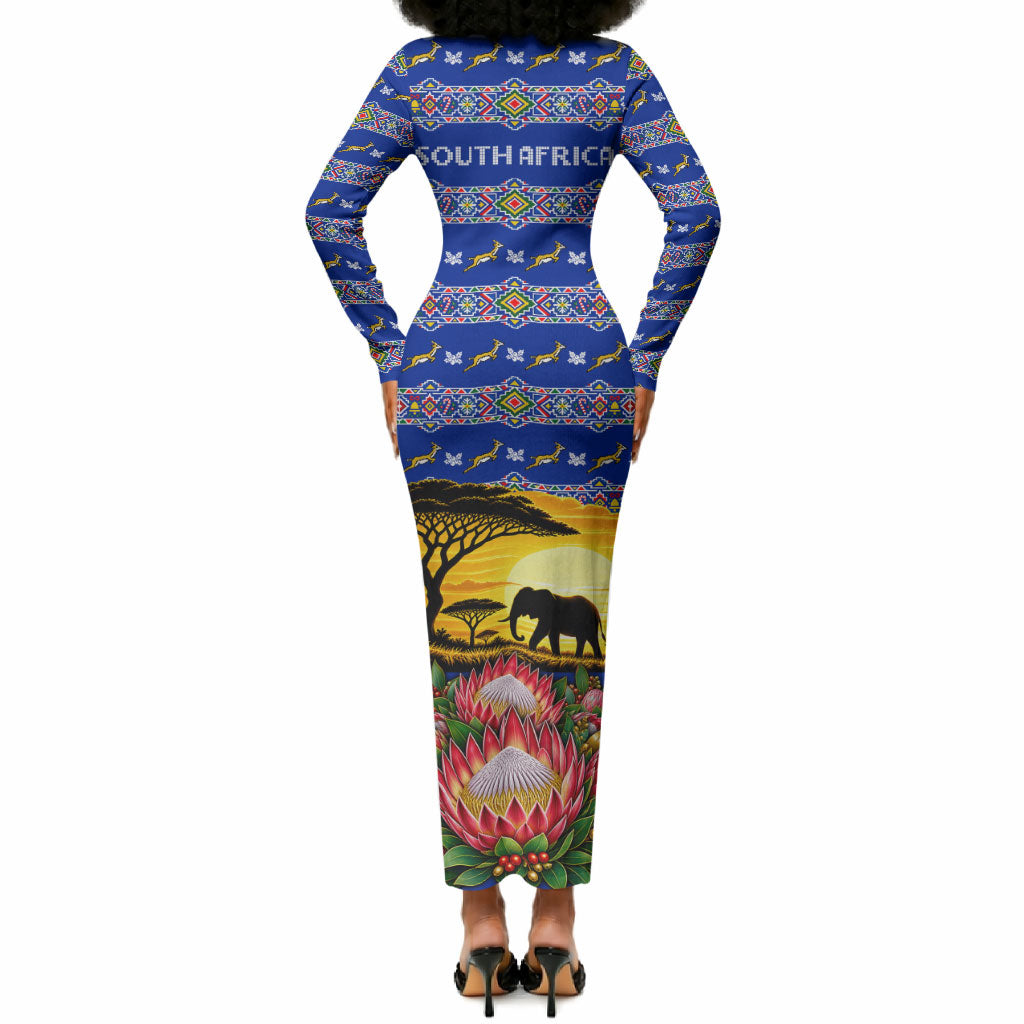 South Africa Christmas Long Sleeve Bodycon Dress African Culture Protea Flower Safari Sunset