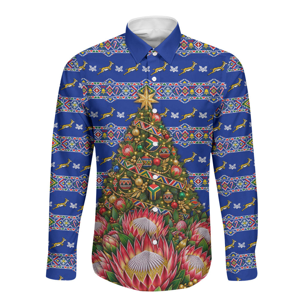 South Africa Christmas Long Sleeve Button Shirt African Culture Protea Flower Safari Sunset