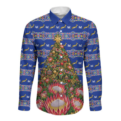South Africa Christmas Long Sleeve Button Shirt African Culture Protea Flower Safari Sunset
