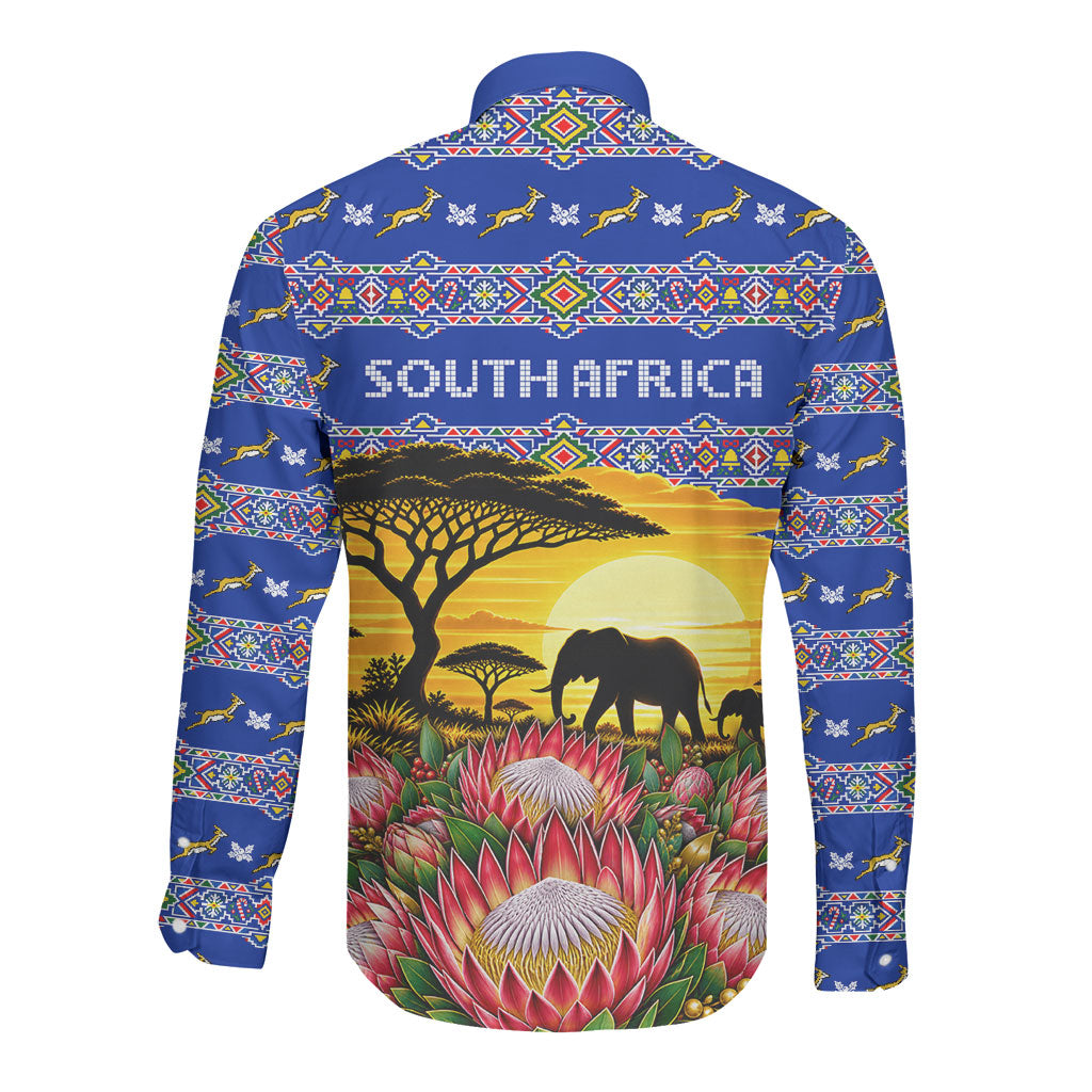 South Africa Christmas Long Sleeve Button Shirt African Culture Protea Flower Safari Sunset