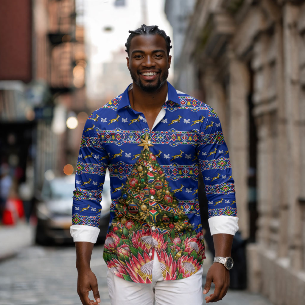 South Africa Christmas Long Sleeve Button Shirt African Culture Protea Flower Safari Sunset