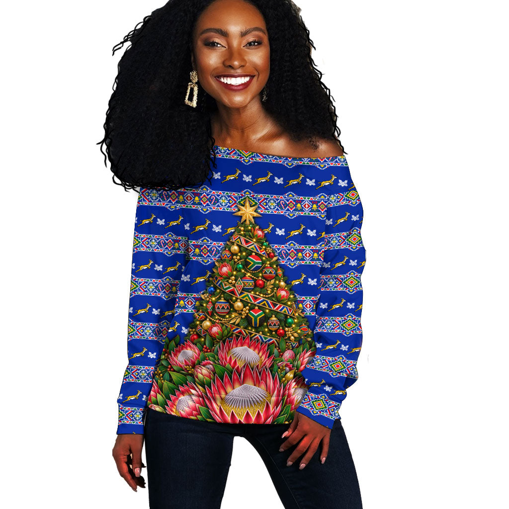 South Africa Christmas Off Shoulder Sweater African Culture Protea Flower Safari Sunset