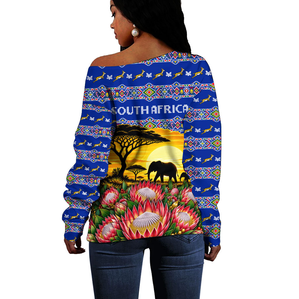 South Africa Christmas Off Shoulder Sweater African Culture Protea Flower Safari Sunset